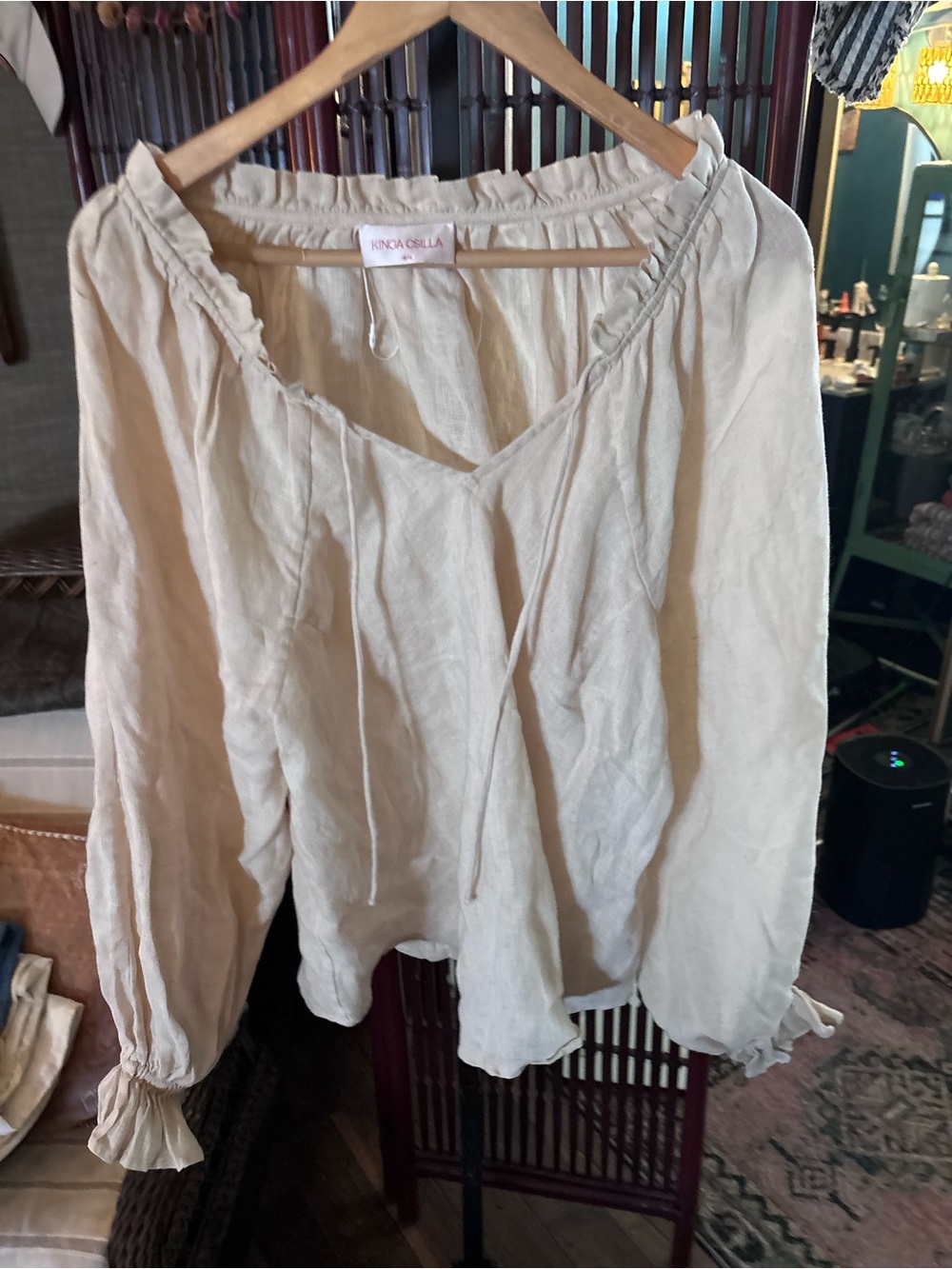 Kinga Scilla- Cream Linen Peasant Blouse - Women's Long Sleeve